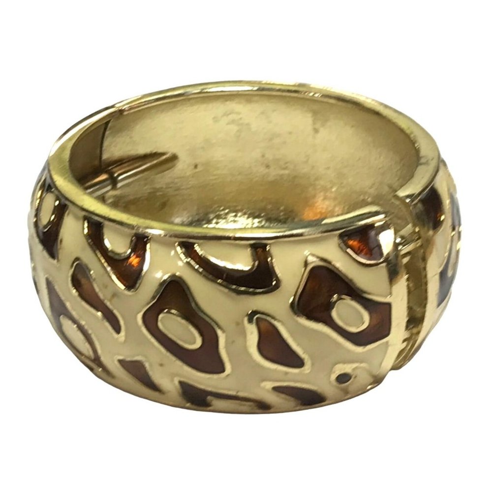 Wide Chunky Cheetah Leopard Enamel Gold Tone Metal Clamper Bracelet Brown Ivory - Picture 1 of 5